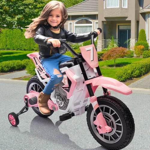 Miniatura 8 de JOYLDIAS Motocicleta de cross para niños, 12V7AH con batería, motocicleta para niños, bicicleta de calle todoterreno con música, ruedas de Rosa