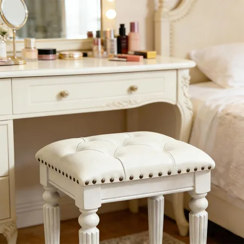 Miniatura 4 de Taburete de tocador con cojín de piel sintética blanca, pequeño asiento de cuero sintético con ribete de cabeza de clavo y diseño copetudo, patas
