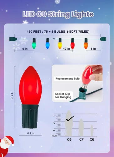 Miniatura 8 de Luces LED vintage C9 de Navidad para exteriores, luces de cadena C9 de 150 pies con 75 bombillas C9 irrompibles, luces comerciales impermeables