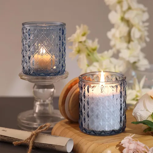 Miniatura 3 de NITIME 15 tarros de velas azules de 7.5 onzas para hacer velas, vasos de vela de vidrio con tapas de bambú y etiquetas adhesivas, recipientes