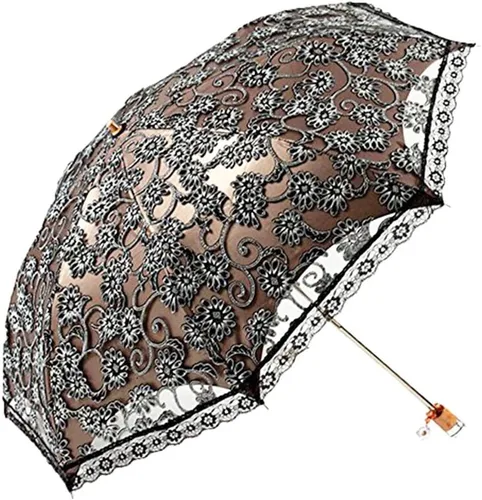 Orgrimmar Sombrilla de encaje para mujer, protección anti-UV, UPF 50+, paraguas plegable ligero y portátil (negro)