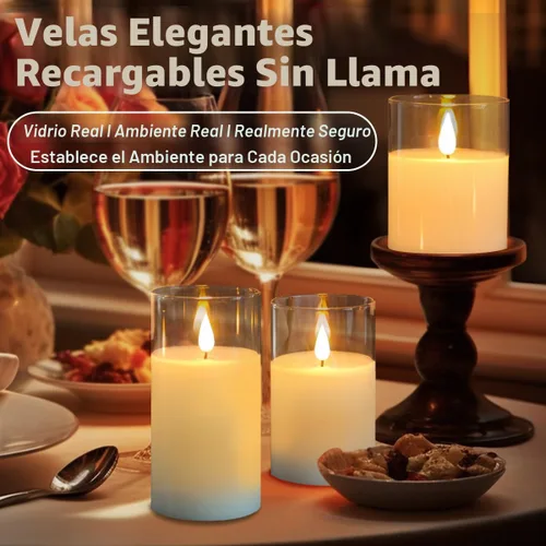 Miniatura 5 de LEDHOLYT Velas recargables de cristal sin llama, regalos para mujeres, juego de 3, luz LED parpadeante realista, control remoto y temporizador