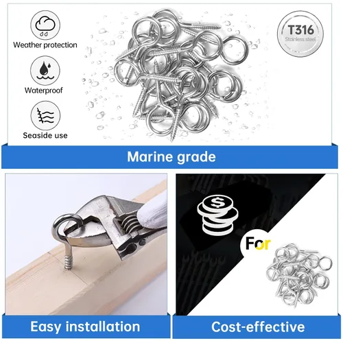 Miniatura 3 de Muzata 20 tornillos de ojo de 2 pulgadas para madera T316 acero inoxidable M4 ojales ganchos autorroscantes para interiores y exteriores CN22