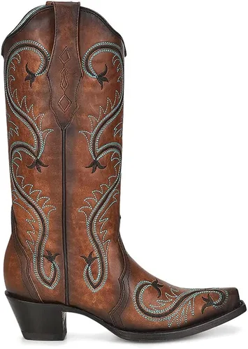 Corral Boots Milagro Tooled-Inlay - Botas de punta corta para mujer, tacón bajo de media pantorrilla, 1-2 pulgadas, color marrón