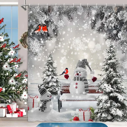 Miniatura 4 de JAWO Cortina de ducha de muñeco de nieve de Navidad para decoración de baño, cortina de baño de tela con ganchos, 36 x 70 pulgadas