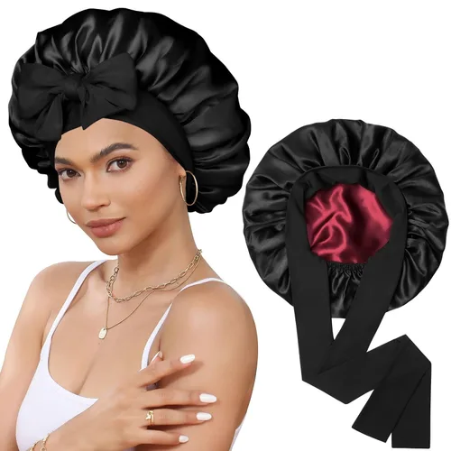 Gorro de satén de seda para dormir, gorro de seda de doble capa con banda elástica para cabello rizado Negro + rojo