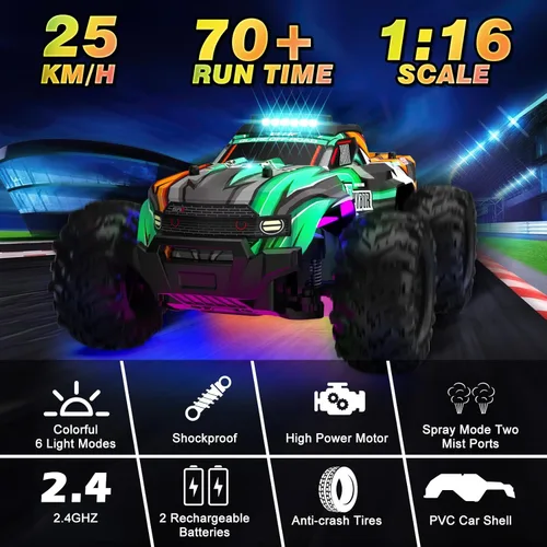 Miniatura 4 de BLUEJAY Auto a control remoto, 1:16 todo terreno de alta velocidad RC camión para niños, camión Monster RC recargable con luces LED geniales
