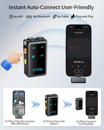 Miniatura 3 de Micrófono Lavalier inalámbrico para iPhone: micrófono JXJXQU con reducción de ruido inteligente, efecto de reverberación, batería de 30 H+, diseño