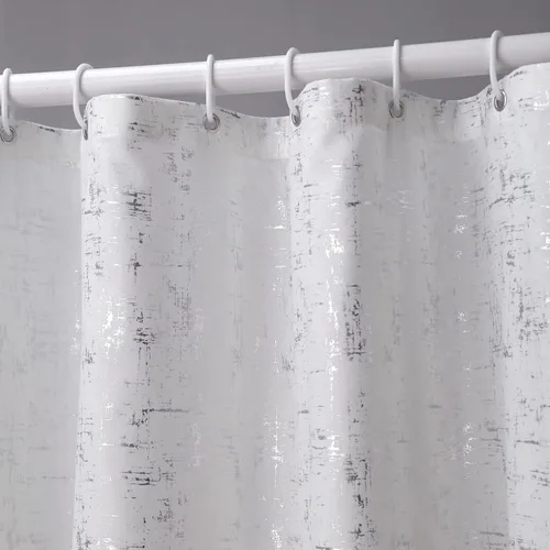 Taisier Home Cortinas de ducha con estampado de puntos geométricos de color blanco y plateado, para baño, 12 ganchos incluidos, cortina de ducha