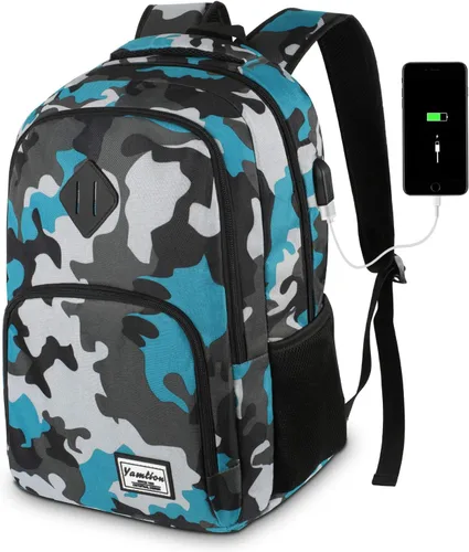 Mochila escolar YAMTION para adolescentes, mochila con USB para preparatoria y universidad, camuflaje azul