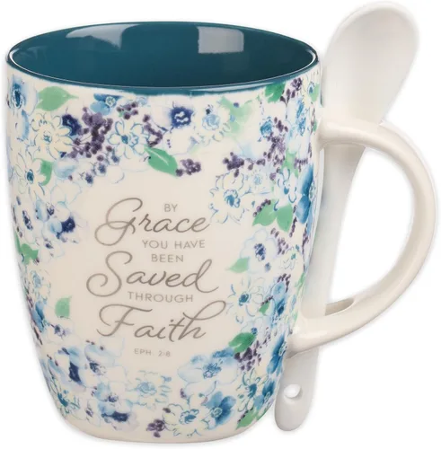 Christian Art Gifts Juego de taza de café y té con cuchara de cerámica para mujer: By Grace You Have Been Saved - Efesios 2:8 Versículo de la Biblia