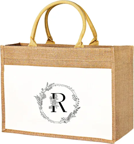 JUSTOTRY Bolsa de mano con inicial, yute natural, grande, 13 onzas, personalizada, bolsa de lona con monograma, regalo para mujer