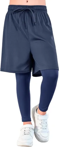 Miniatura 4 de Haloumoning Leggings deportivos para niños con pantalones cortos 2 en 1 para correr, entrenamiento, pantalones deportivos de 5 a 14 años