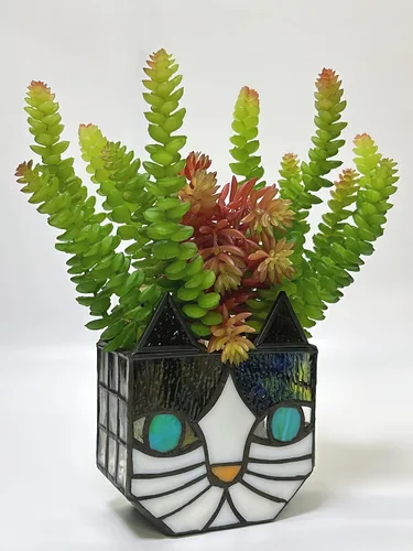 Miniatura 10 de Macetas Tiffany Lindas con Gatos de Vidrio Manchado, Para Plantas de Interior y Exterior, Maceta de Plantas con Gato Negro, Portavelas Contenedor