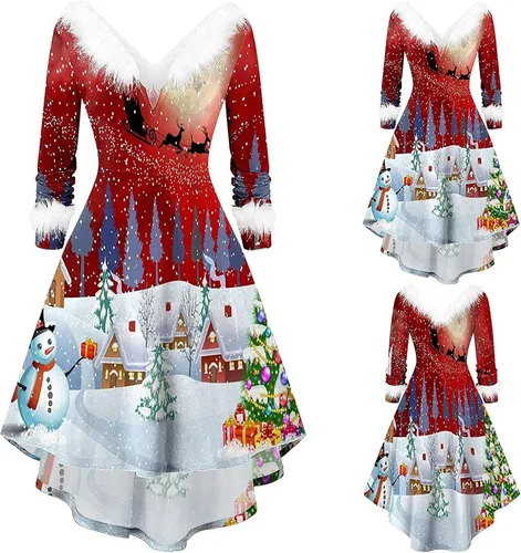Miniatura 2 de TWGONE Vestido de Navidad para mujer cuello en V felpa cuello en V caricaturas festival cóctel fiesta vestido acampanado