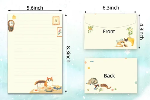 Miniatura 2 de 72 piezas de papel de escritura y sobres de gato lindo, juego de papelería de 8.3 x 5.6 pulgadas, 48 hojas rayadas y 24 sobres, diseño de gatito
