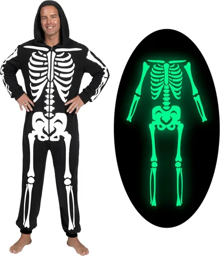 Spooktacular Creations Disfraz de esqueleto para adultos, para hombre, que brilla en la oscuridad, pijama con capucha, ropa de dormir para