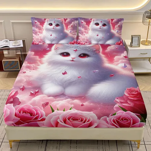 Miniatura 20 de AILONEN Lovely Bear - Juego de sábanas bajeras tamaño Queen, juego de ropa de cama con pajarita de dibujos animados para niños y niñas, sábana