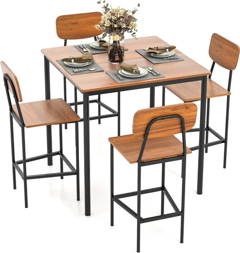 Miniatura 9 de Tangkula Juego de mesa de comedor de altura de mostrador, mesa de bar y sillas, juego de 4 sillas y mesa de pub, juego de comedor que ahorra espacio