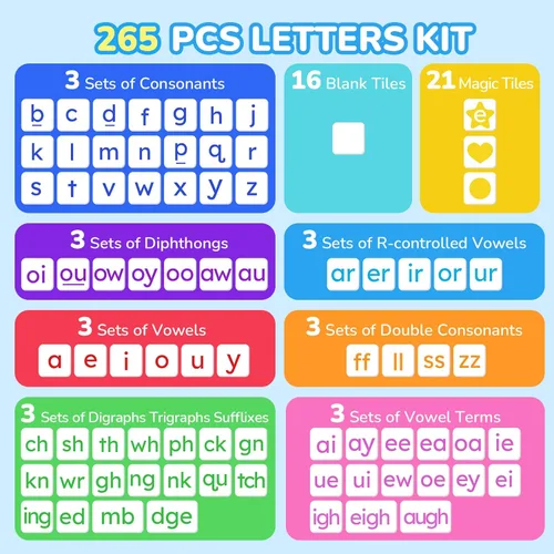 Miniatura 6 de JoyCat 265 Fichas Magnéticas de Letras Fonéticas - Hooked on Phonics, Set de Juegos de Lectura ABC con Carpeta para Formar Palabras y Estuche