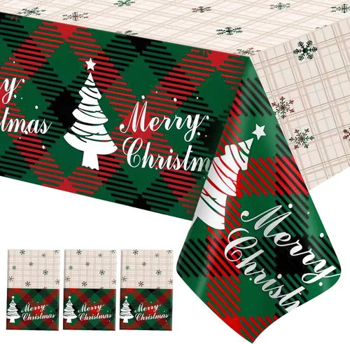 Miniatura 12 de Mantel de Navidad, 2 piezas de mantel de Navidad desechable para mesa rectangular, 54" x 108" de plástico con diseño de copo de nieve, árbol