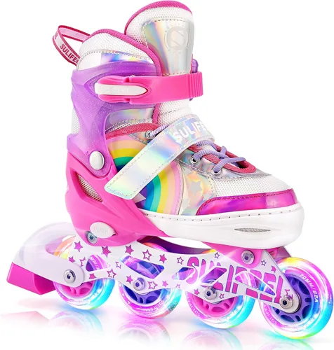 SULIFEEL Patines en línea de unicornio arcoíris para niñas y niños, 4 tamaños, ajustables, con ruedas iluminadas, para niños principiantes C rosado