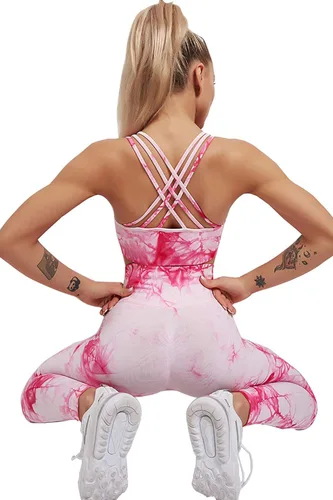 Miniatura 6 de YuMENo Conjuntos de entrenamiento de teñido anudado para mujer, 2 piezas, sin costuras, cintura alta, leggings de yoga con brasier deportivo, ropa