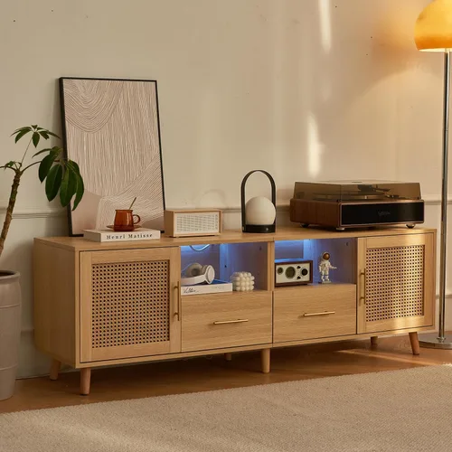 Miniatura 12 de Soporte de TV para TV de 70 pulgadas, centro de entretenimiento de 63 pulgadas con luz LED, tomacorriente, soporte de TV de ratán con estantes