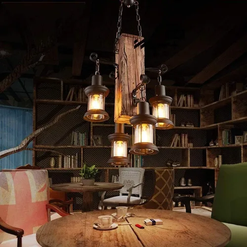 Miniatura 10 de Iluminación Colgante Retro de Madera Lámpara de Araña Industrial Vintage de Metal Negro Dormitorio Restaurante Lámpara de Suspensión Marco de Jaula