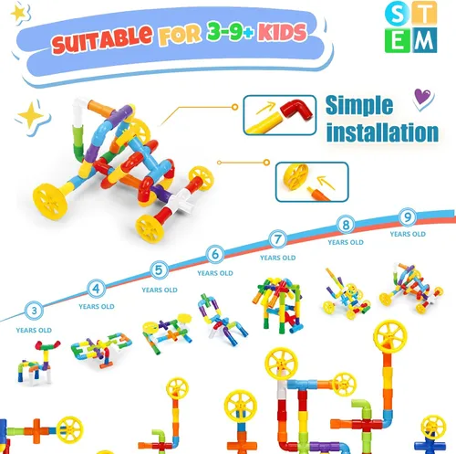 Miniatura 4 de Ggiibro Juguete de Construcción STEM para Niños Pequeños 200 Piezas Juguete de Tubo, Juego Educativo Preescolar para 3+ Años, Bloques