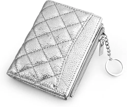 Miniatura 10 de befen Cartera delgada de cuero auténtico con RFID, billetera de dos pliegues para mujer con bolsillo con cremallera y llavero, Negro, Talla única