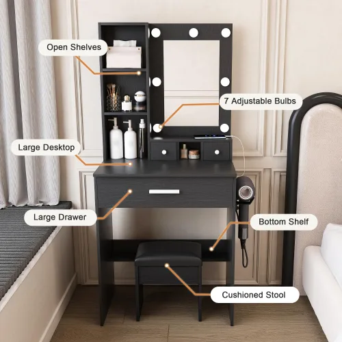 Miniatura 5 de Mesa de tocador con espejo y luces LED ajustables, toma de corriente, soporte para secador de pelo y taburete, para dormitorio pequeño