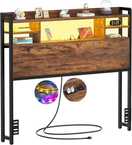 Miniatura 10 de Aheaplus Cabecero para cama de tamaño individual con almacenamiento, cabeceros con luz LED, tomas de corriente, puertos USB, tamaño individual