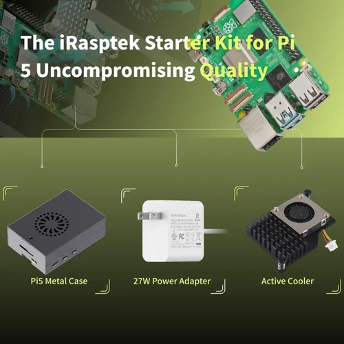 Miniatura 8 de iRasptek Kit básico de inicio para Raspberry Pi 5 4GB RAM- Incluye placa de 4 GB, fuente de alimentación PD de 27 W, caja de metal Pi5 y enfriador