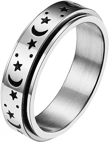 Miniatura 2 de DRUTORE Anillos de acero inoxidable para mujeres y hombres, anillos de ansiedad con flores de luna, estrellas y flores, antiestrés, anillos