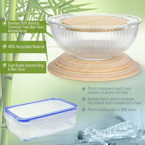 Miniatura 5 de Juego apilable de ahorro de espacio de 3 cuencos de vidrio con tapas de bambú para preparación de alimentos, almacenamiento, mezcla y cocina - Apto