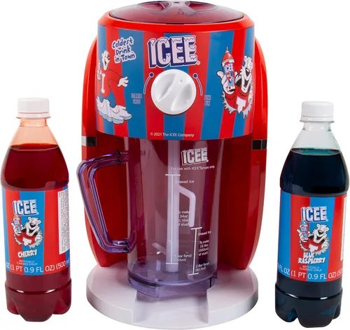 Paquete de máquina de cono de nieve ICEE Slushie. Auténtica máquina de afeitar de hielo ICEE para encimera casera y paquete de 2 jarabes ICEE.