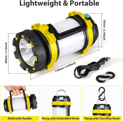 Miniatura 4 de Paquete de 2 linternas de campamento, luz LED para acampar al aire libre, linternas recargables con 1000 lm, 6 modos, banco de energía de 4000 mAh