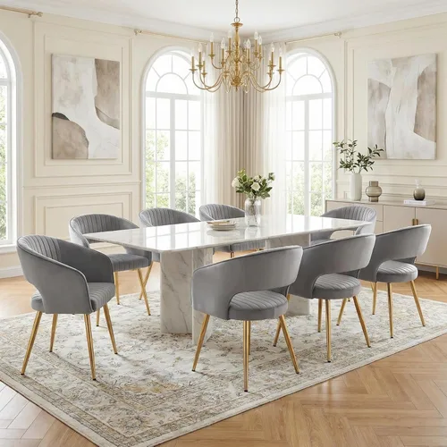 Miniatura 34 de Juego de 2 sillas de comedor modernas, tapizadas de piel sintética dorada con respaldo hueco, sillas de cocina con reposabrazos decorativos