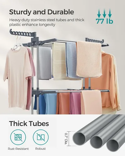 Miniatura 4 de SONGMICS Tendedero para Ropa de 4 Niveles, Tendedero Plegable para Secado de Ropa de 173 cm de Altura, Acero, Carrito para Secar Ropa, Fácil de Gris