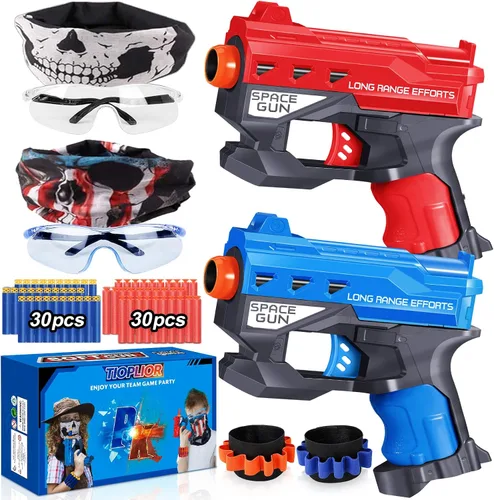 Paquete de 2 Pistolas Blaster Juguete para Niños - con 60 Balas y 2 Pulseras, Pistolas Blaster TiopLior Juguete para Edades de 4-9 Regalos de