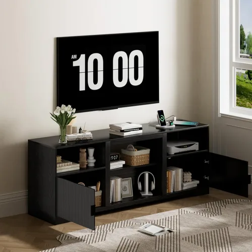 Miniatura 5 de Soporte de TV acanalado para televisores de hasta 80 pulgadas, moderno soporte de TV de mediados de siglo con estante ajustable abierto, centro