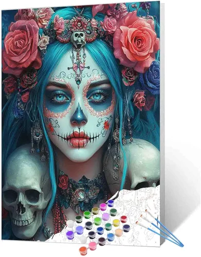Miniatura 22 de Pintura por números para parejas tomadas de la mano, para adultos, principiantes, Día de los Muertos, Esqueleto, Pintura por números sobre lienzo