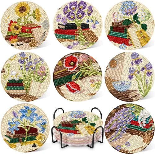 Miniatura 16 de DOTZSO Juego de 8 posavasos de arte de diamante con soporte, kits de arte de diamantes para adultos principiantes, pequeños posavasos de pintura