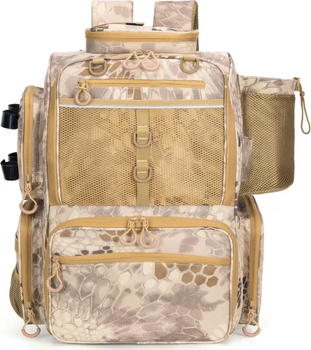 Miniatura 10 de Rabjen Mochila de aparejos de pesca con soportes para caña, soporte para botellas, bolsa de almacenamiento, tienda de equipo de pesca Camuflaje Negro