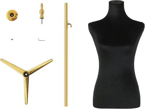 Miniatura 6 de Modista maniquí femenino: torso de medio cuerpo con altura ajustable, terciopelo corto negro esponjoso, base de metal dorado