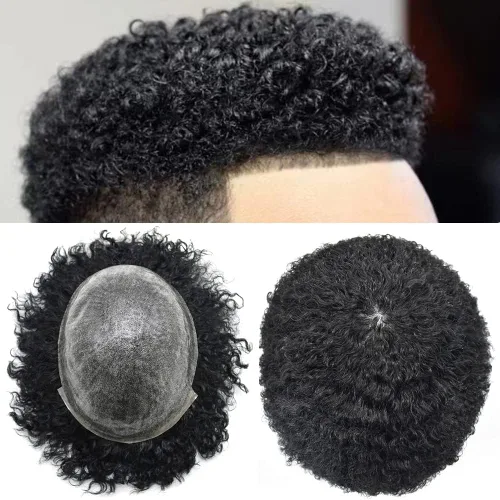 Miniatura 11 de Afro Toupee para hombres negros, rizado brasileño, pieza de cabello humano de 8 x 10 pulgadas, unidades de cabello negro, afroamericano afro