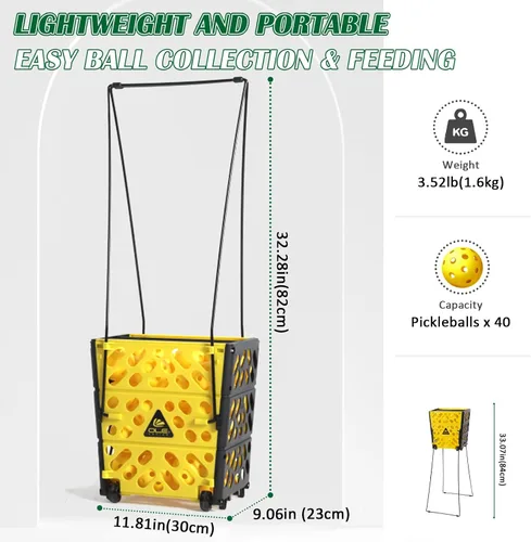 Miniatura 3 de Colector de tolva de pickleball con ruedas, capacidad de 40 bolas de pickleball, parte superior ligera de pickleball, herramienta de recolección