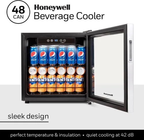 Miniatura 3 de Honeywell Refrigerador y enfriador de bebidas, mini refrigerador de 48 latas con puerta de vidrio para cerveza de soda o vino para oficina o bar