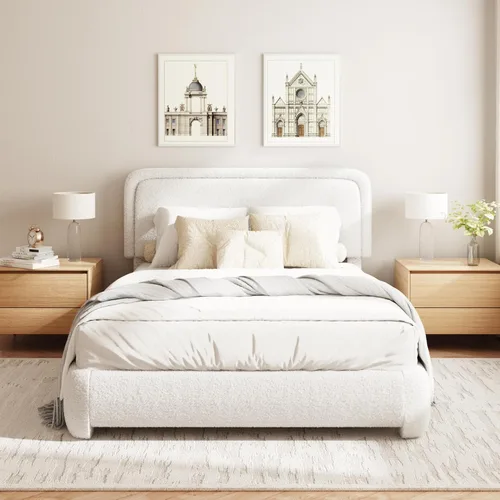 Miniatura 18 de Base de cama Boucle tamaño King, plataforma tapizada en nube con cabecero ajustable en altura y esquinas redondeadas suaves, no necesita somier, sin